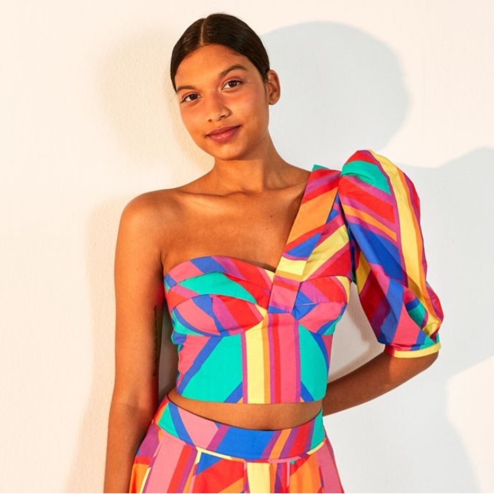 Farm Rio Bruna Stripes One Shoulder Crop Top